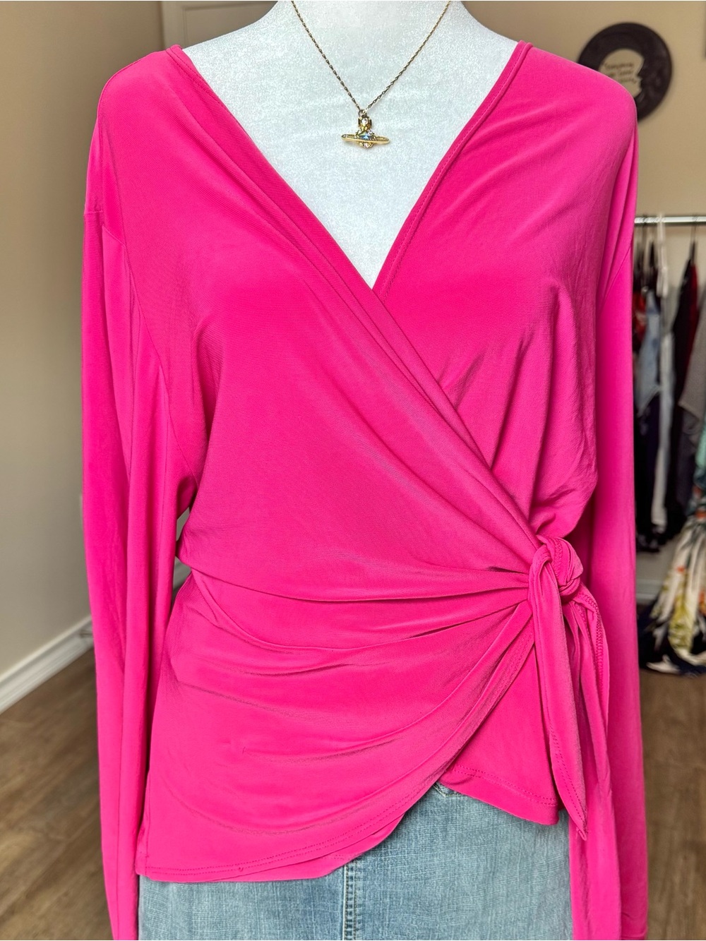 Fuchsia Wrap Tie-Front Y2K 2000s Stretchy Women’s Large Long Sleeve Top